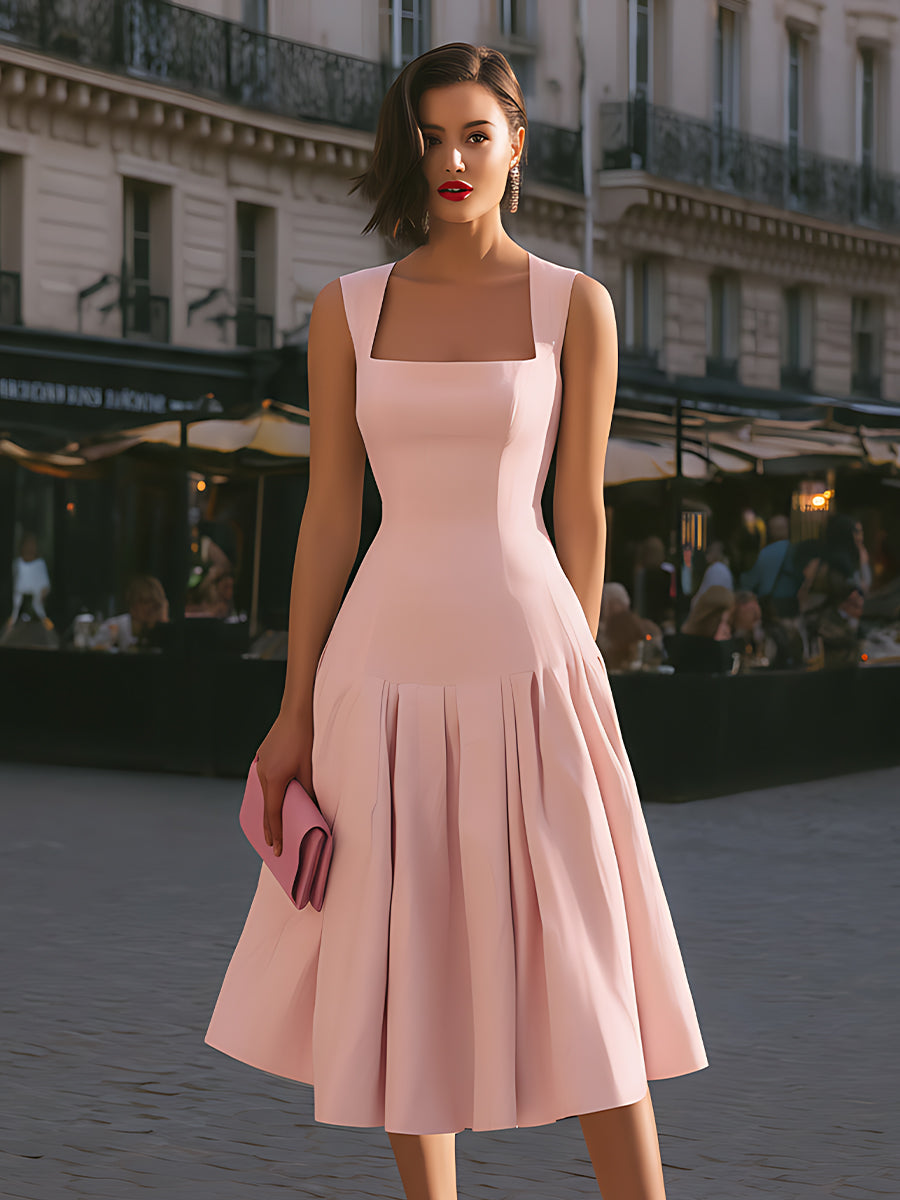 Rochie midi structurală fără mâneci cu decolteu pătrat