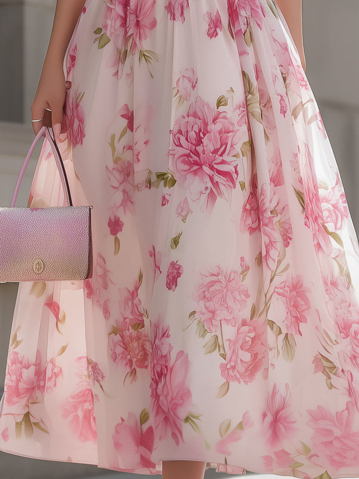 Rochie midi roz din șifon, cu un umăr, cu imprimeu floral