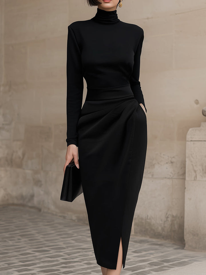 Rochie midi elegantă neagră cu guler înalt