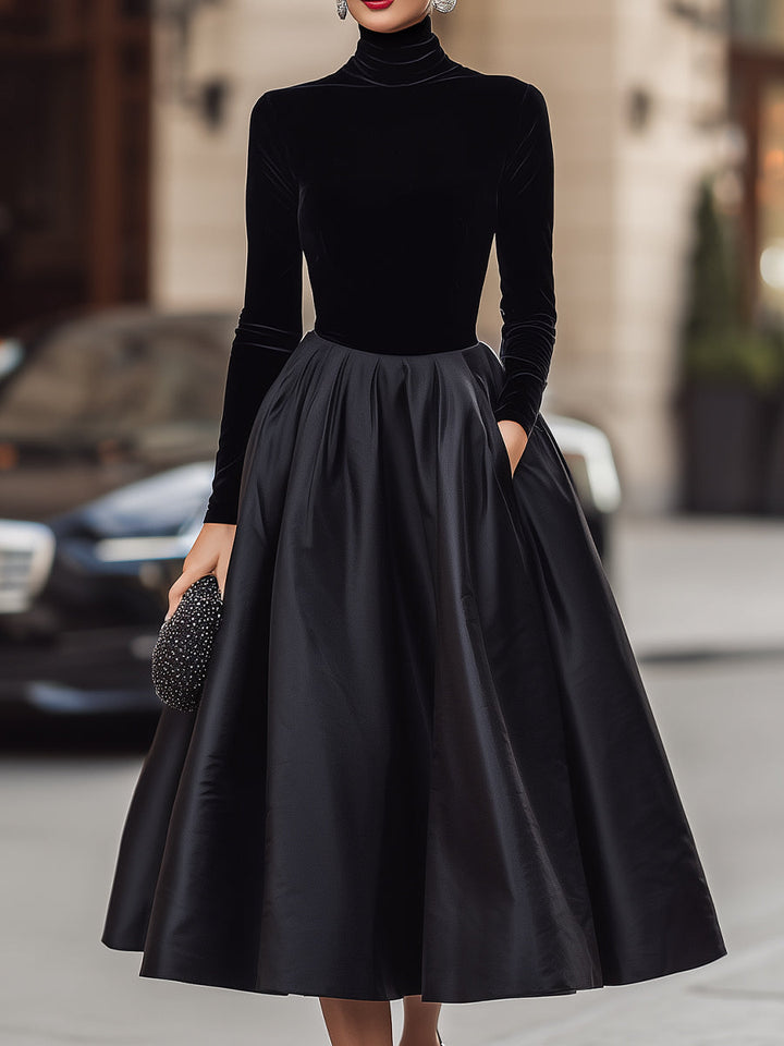 Rochie midi elegantă neagră din catifea și satin