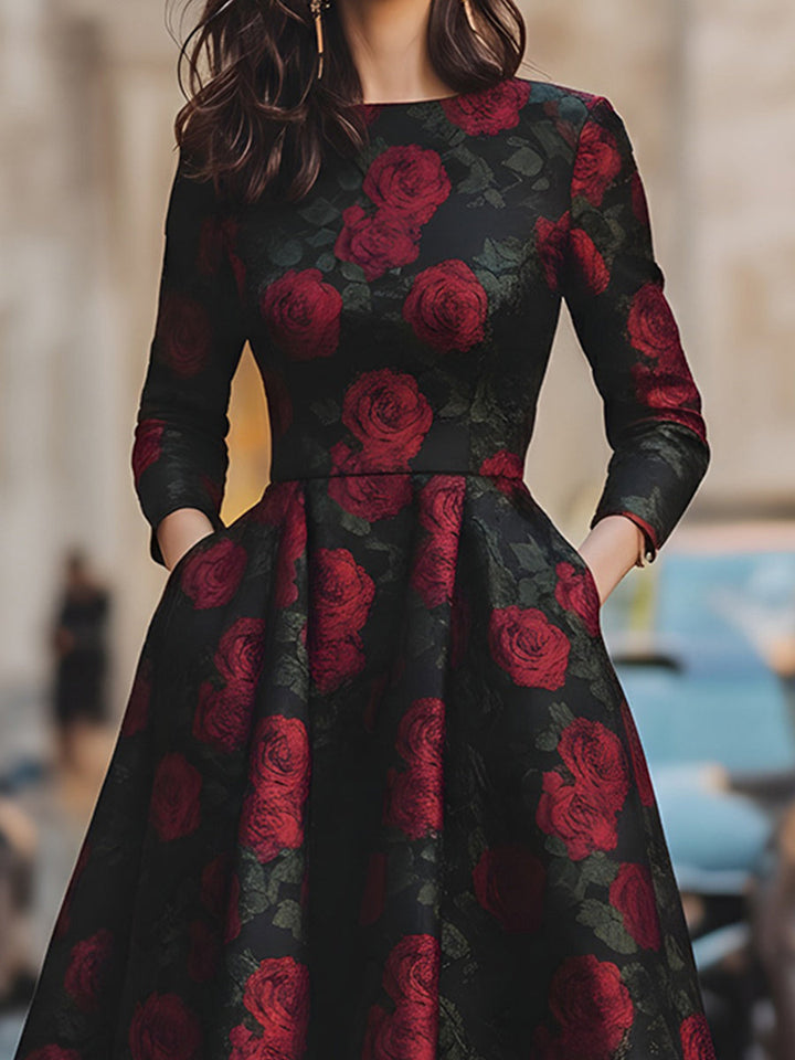 Rochie Midi Elegantă cu Trandafiri în Jacard