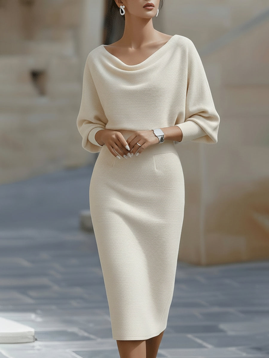 Rochie Midi Albă Drapată cu Mâneci Lărgite