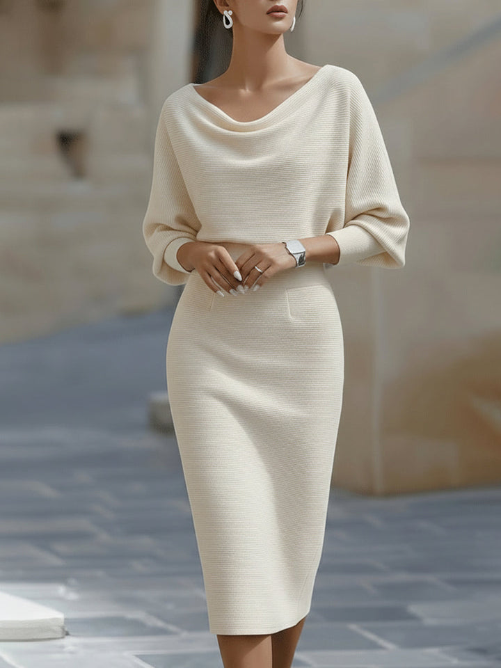 Rochie Midi Albă Drapată cu Mâneci Lărgite