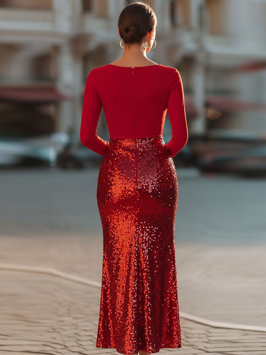 Rochie midi strălucitoare roșie în două tonuri cu paiete