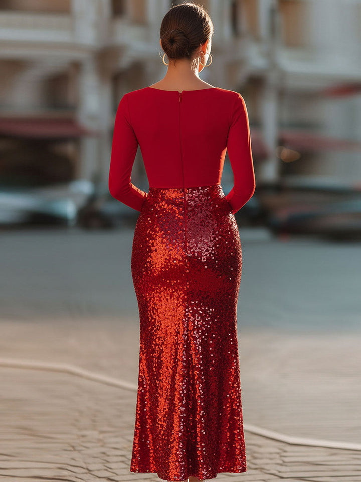 Rochie midi strălucitoare roșie în două tonuri cu paiete