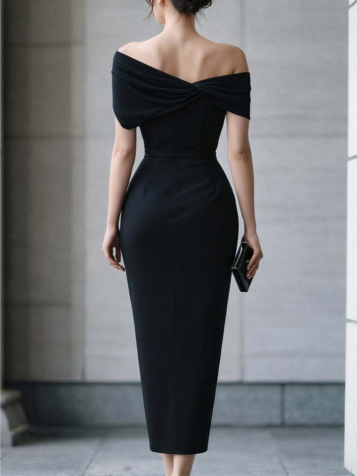 Rochie Midi Asimetrică Neagră pe Un Umar