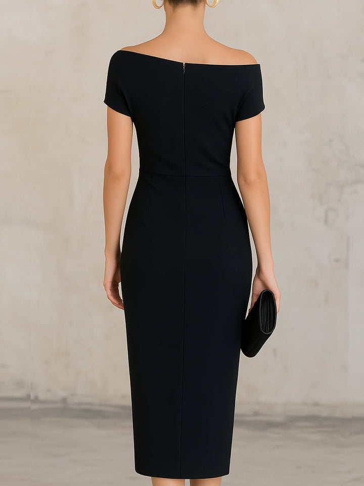 Rochie midi asimetrică minimalistă neagră, pe un singur umăr