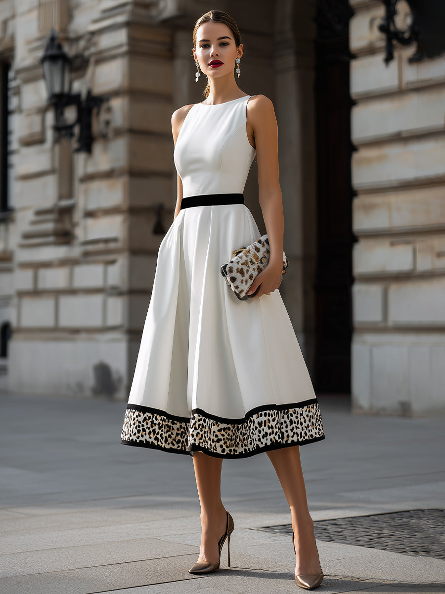 Rochie Midi în Linie A cu betelie contrastantă și dungă pete de leopard