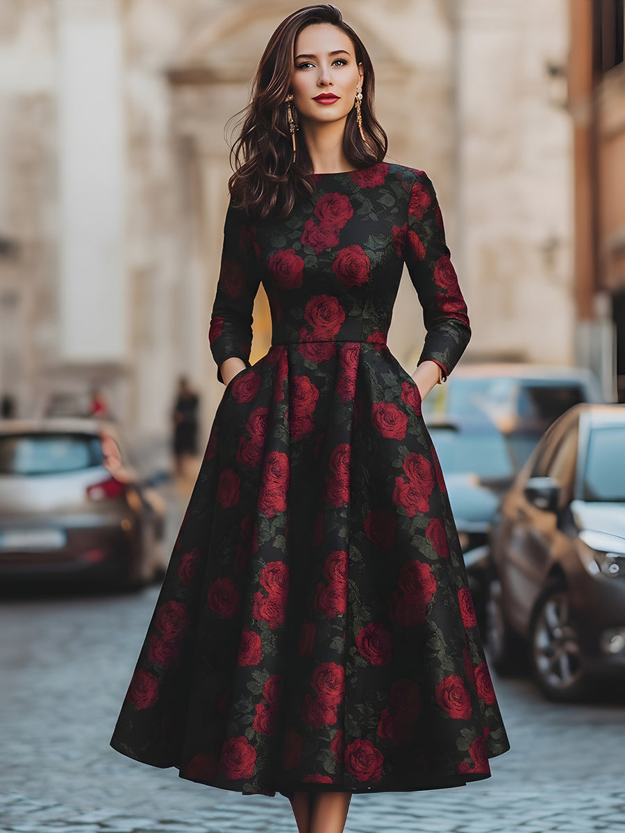 Rochie Midi Elegantă cu Trandafiri în Jacard
