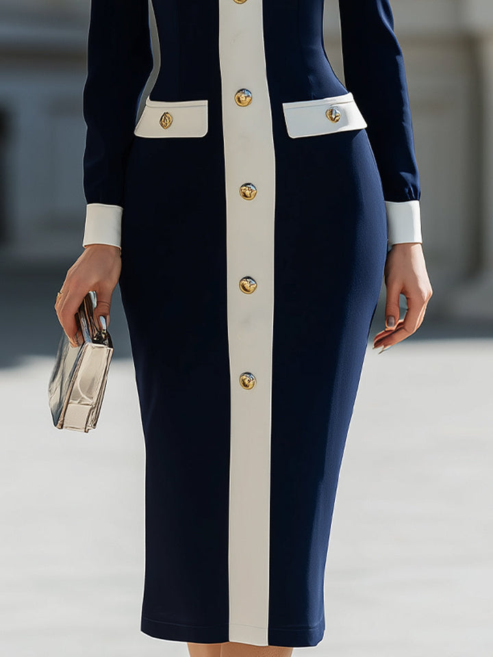 Rochie midi elegantă bleumarin cu nasturi albi contrastanți