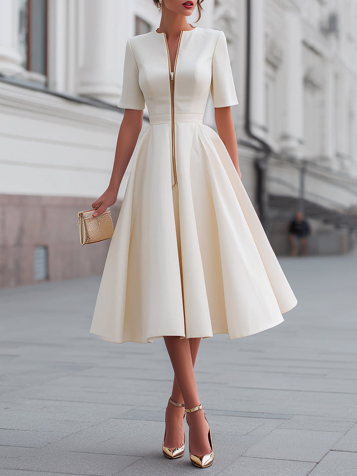 Rochie midi cu mâneci scurte și fermoar în față, model fit and flare