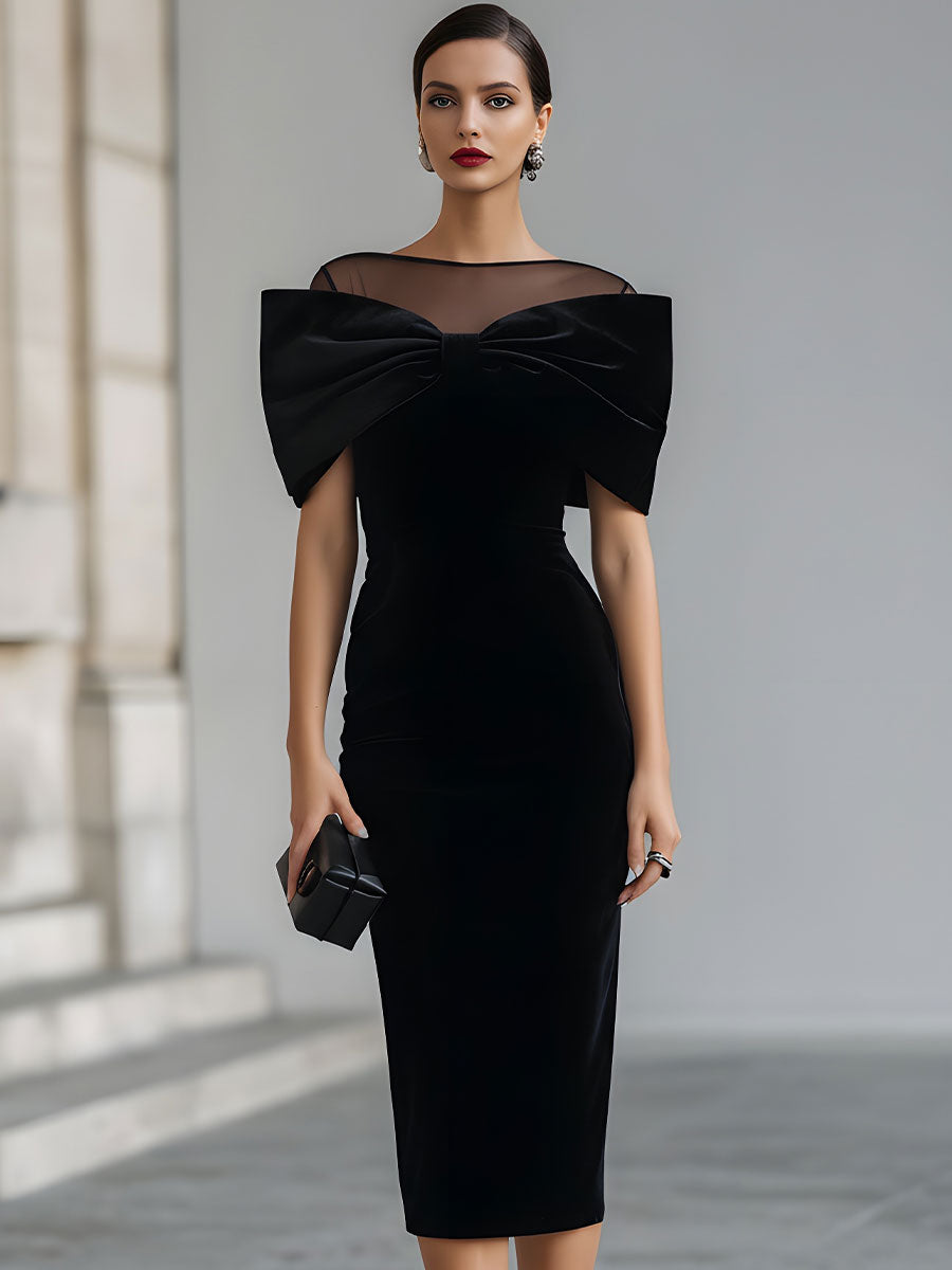 Rochie midi dramatică din catifea neagră cu șnur