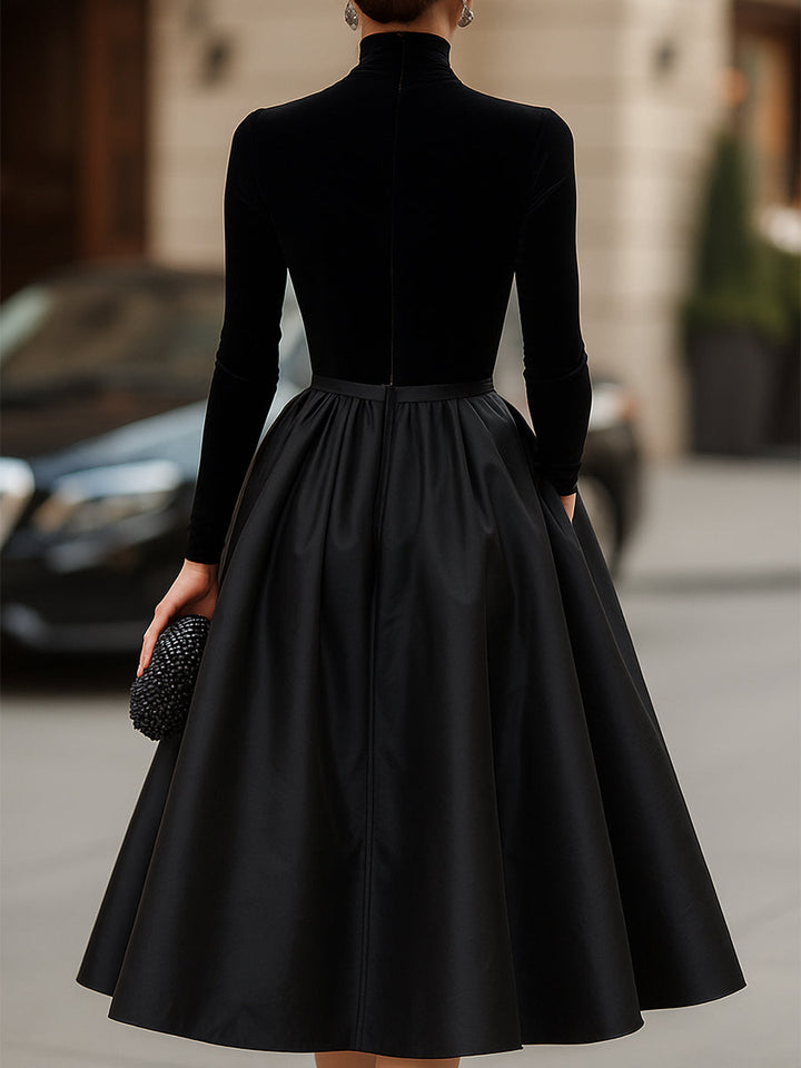 Rochie midi elegantă neagră din catifea și satin