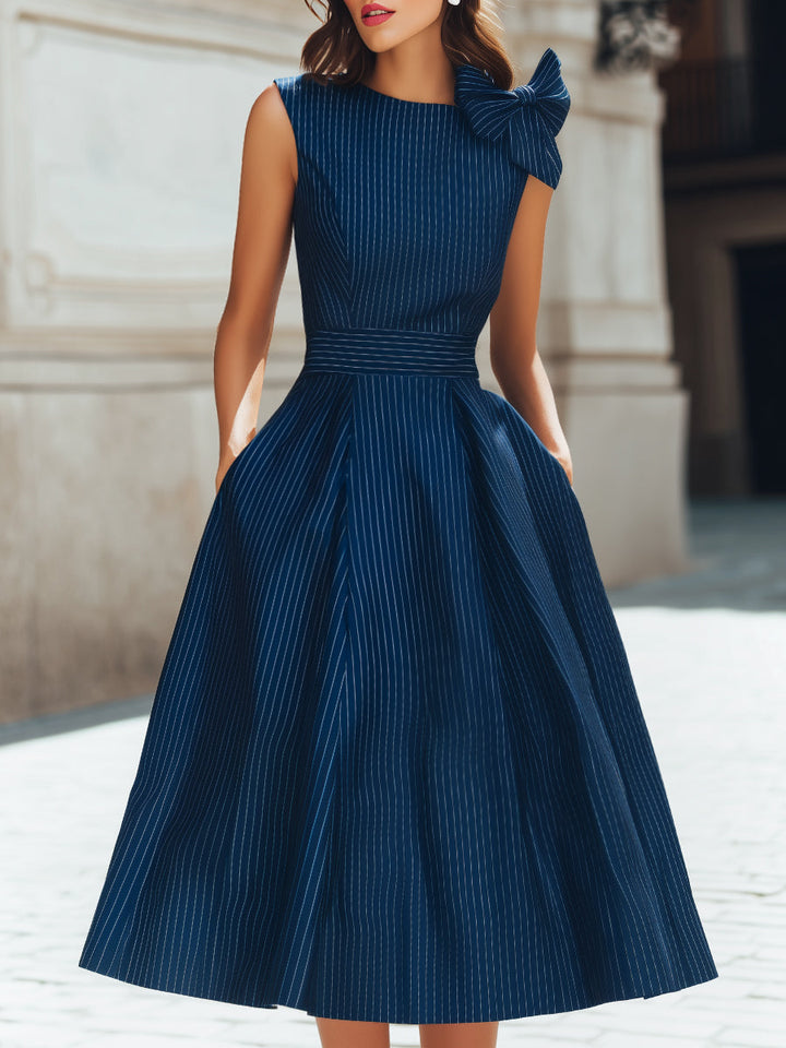 Rochie midi în dungi, în linie A, cu fundă la umăr