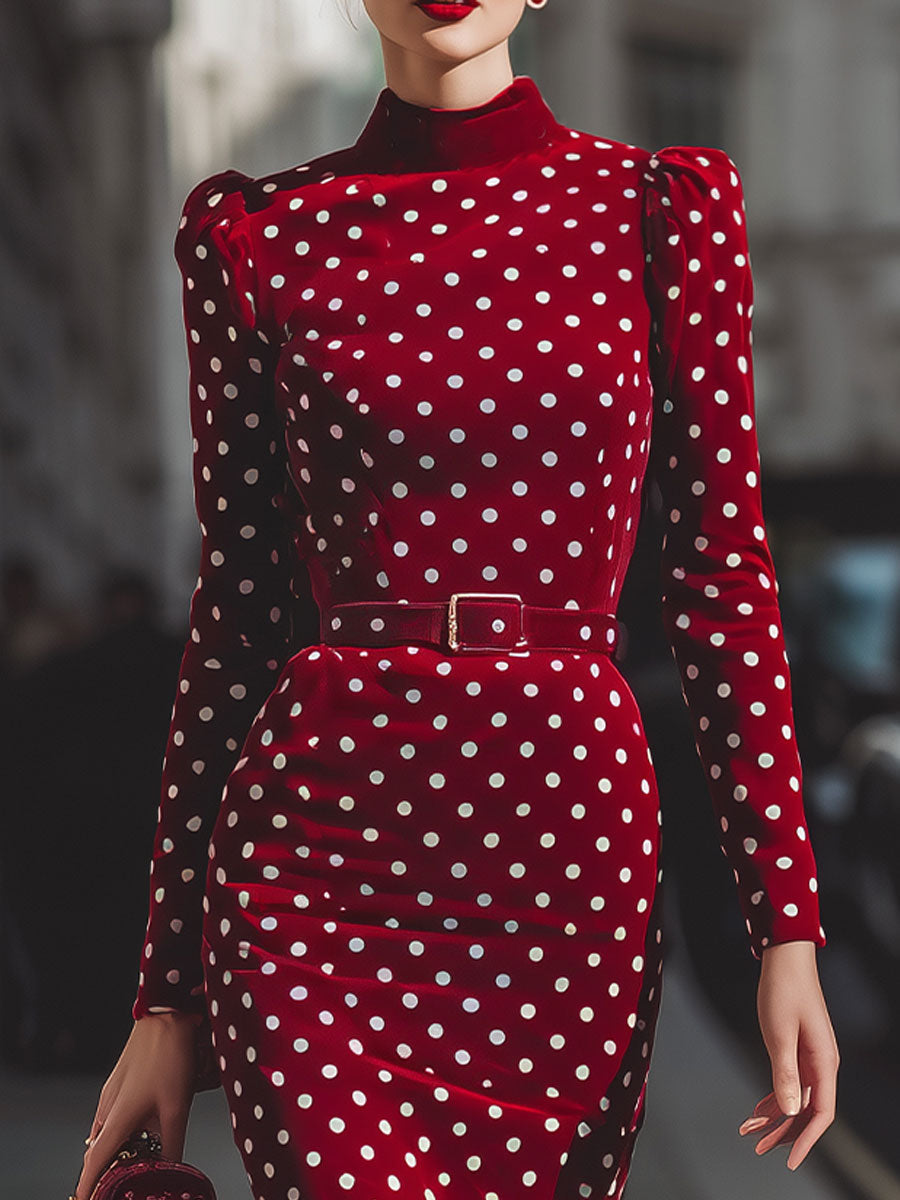 Rochie Midi Vintage din Velur cu Buline Roșii