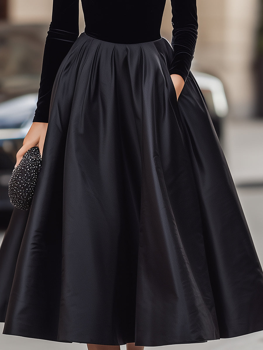 Rochie midi elegantă neagră din catifea și satin
