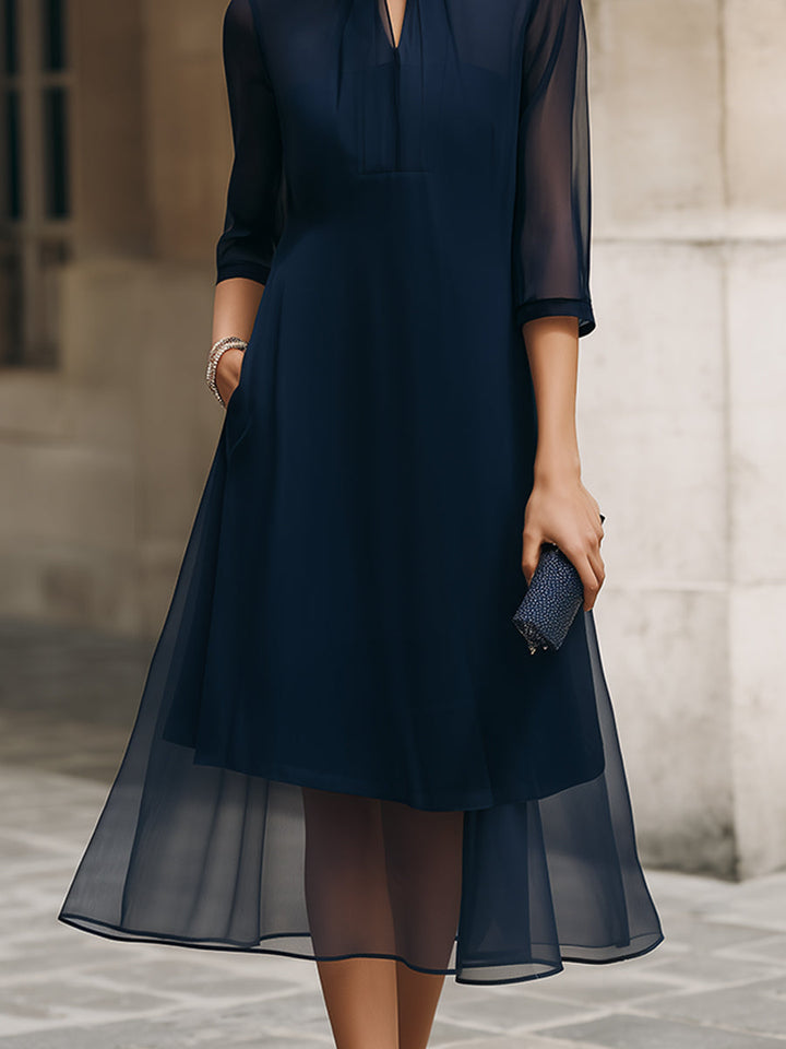 Rochie midi cu guler mandarin și suprapunere transparentă