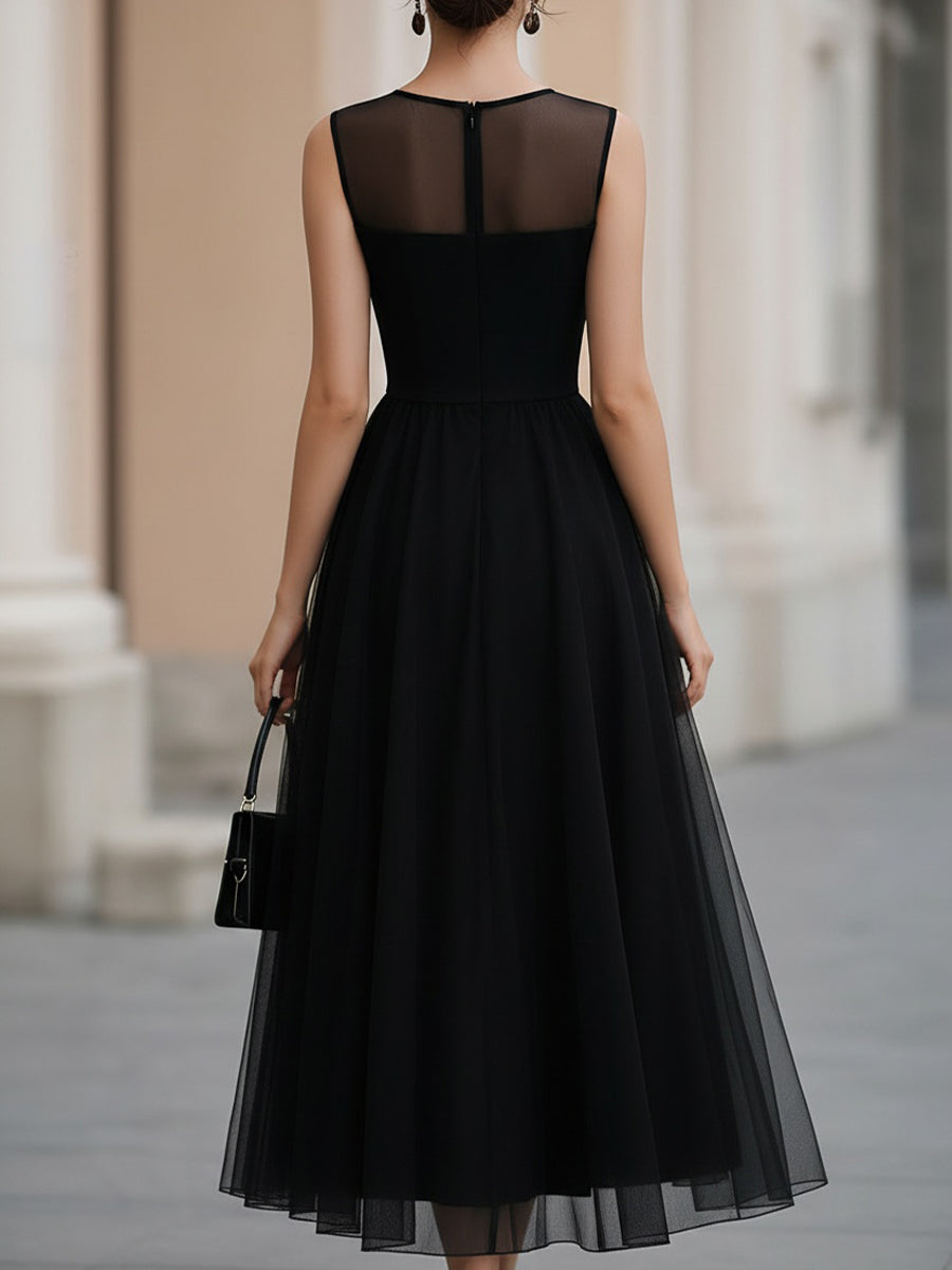 Rochie midi neagră din tul, fără mâneci