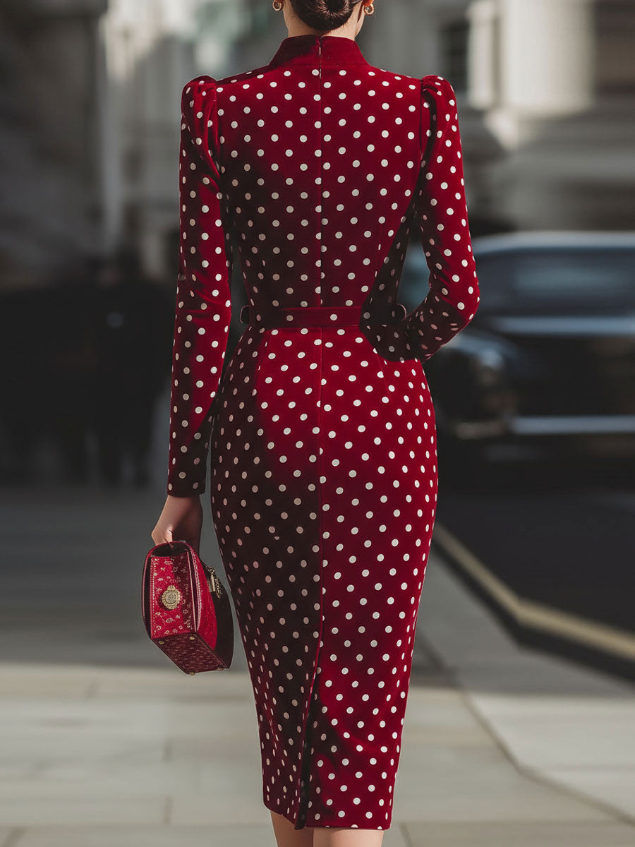 Rochie Midi Vintage din Velur cu Buline Roșii
