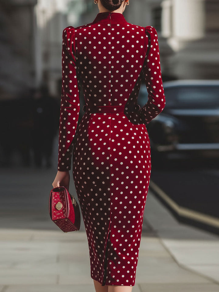 Rochie Midi Vintage din Velur cu Buline Roșii