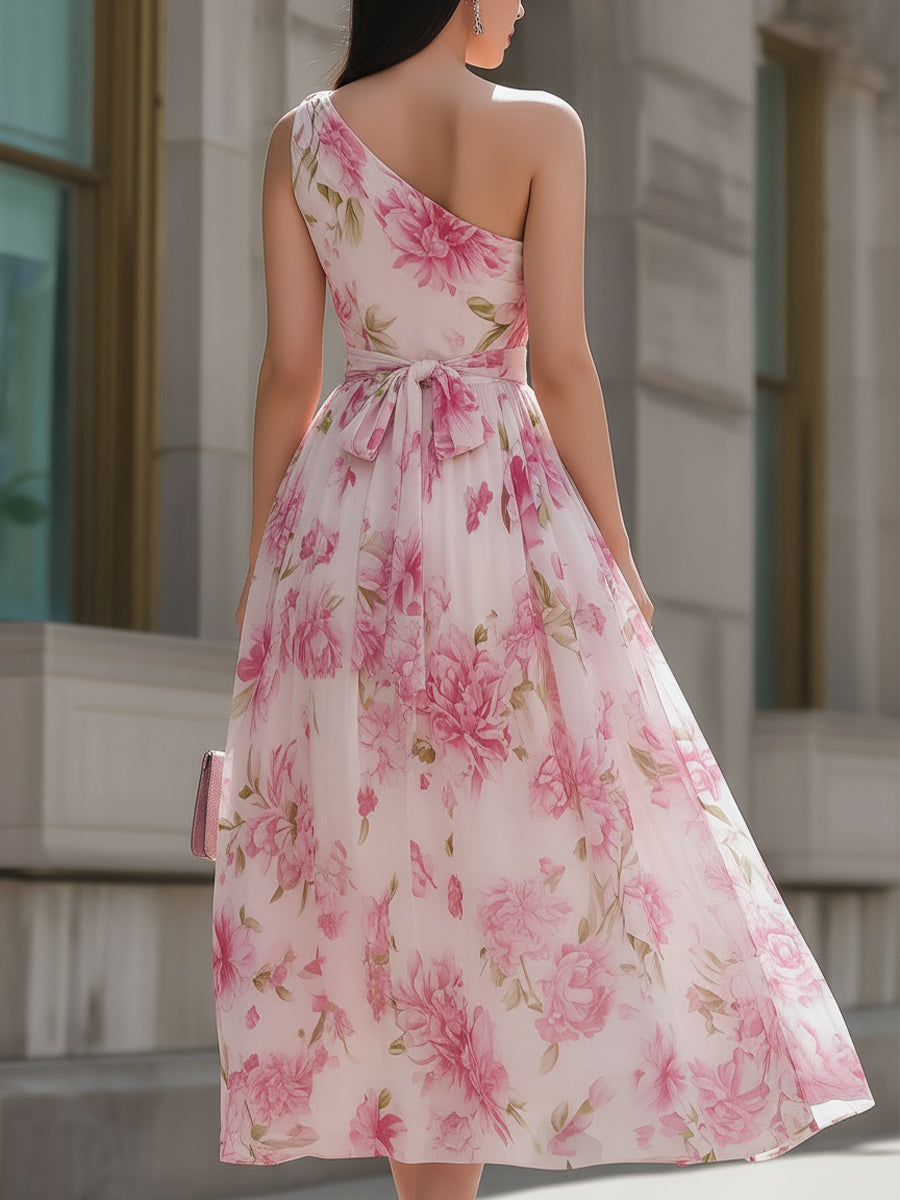 Rochie midi roz din șifon, cu un umăr, cu imprimeu floral