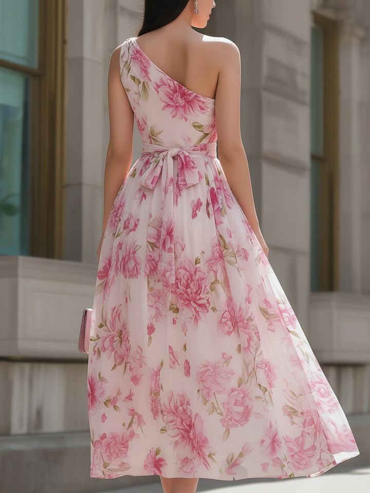 Rochie midi roz din șifon, cu un umăr, cu imprimeu floral
