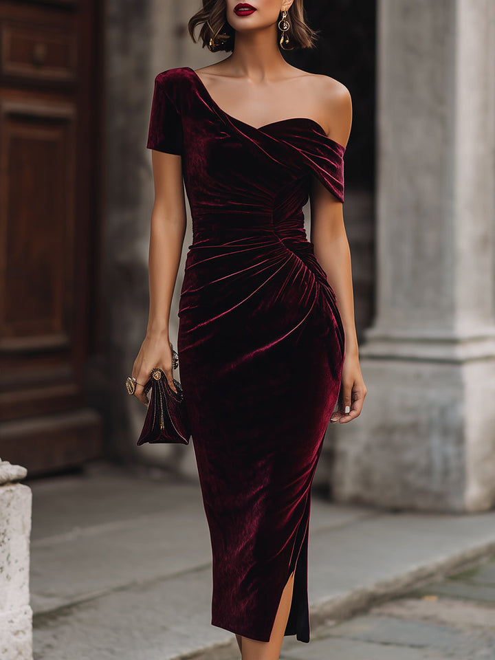 Rochie midi din catifea, stil asimetric