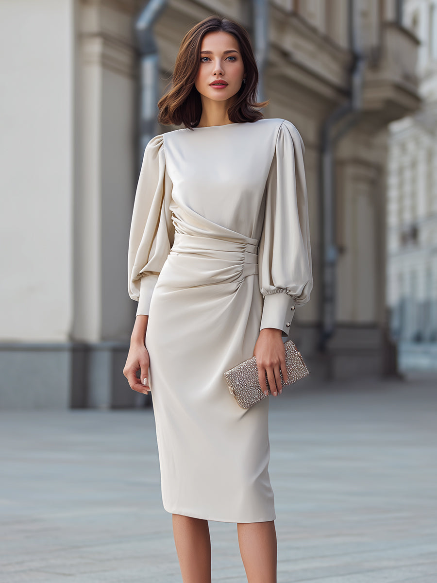 Rochie midi cu talie drapată și mâneci bufante