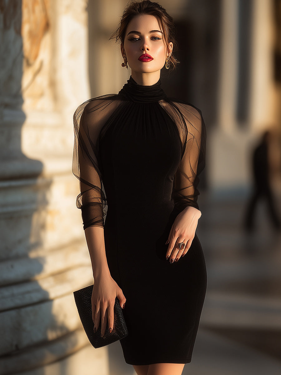 Rochie cocktail cu mâneci transparente și decolteu înalt