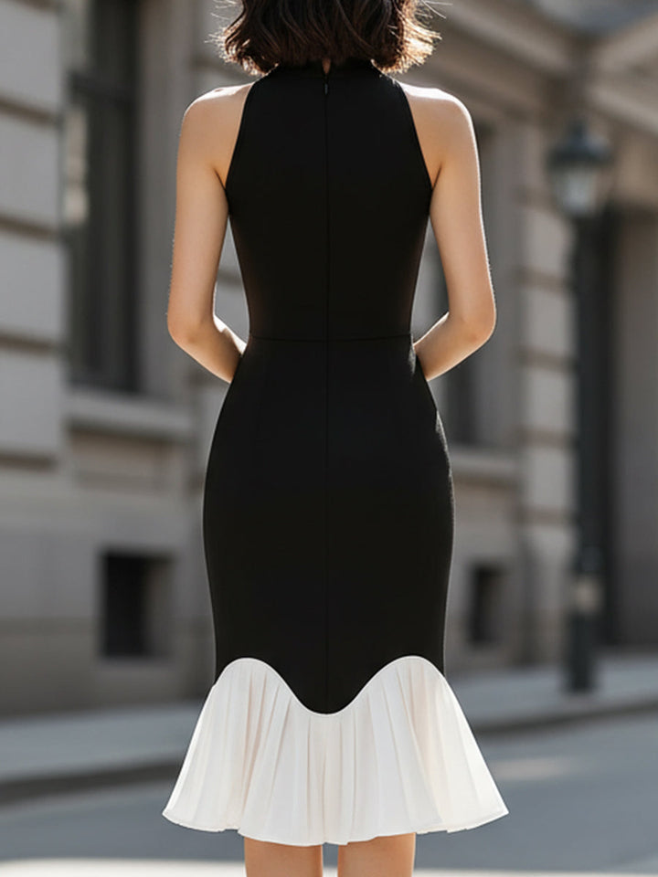 Rochie midi elegantă alb-negru, cu guler înalt