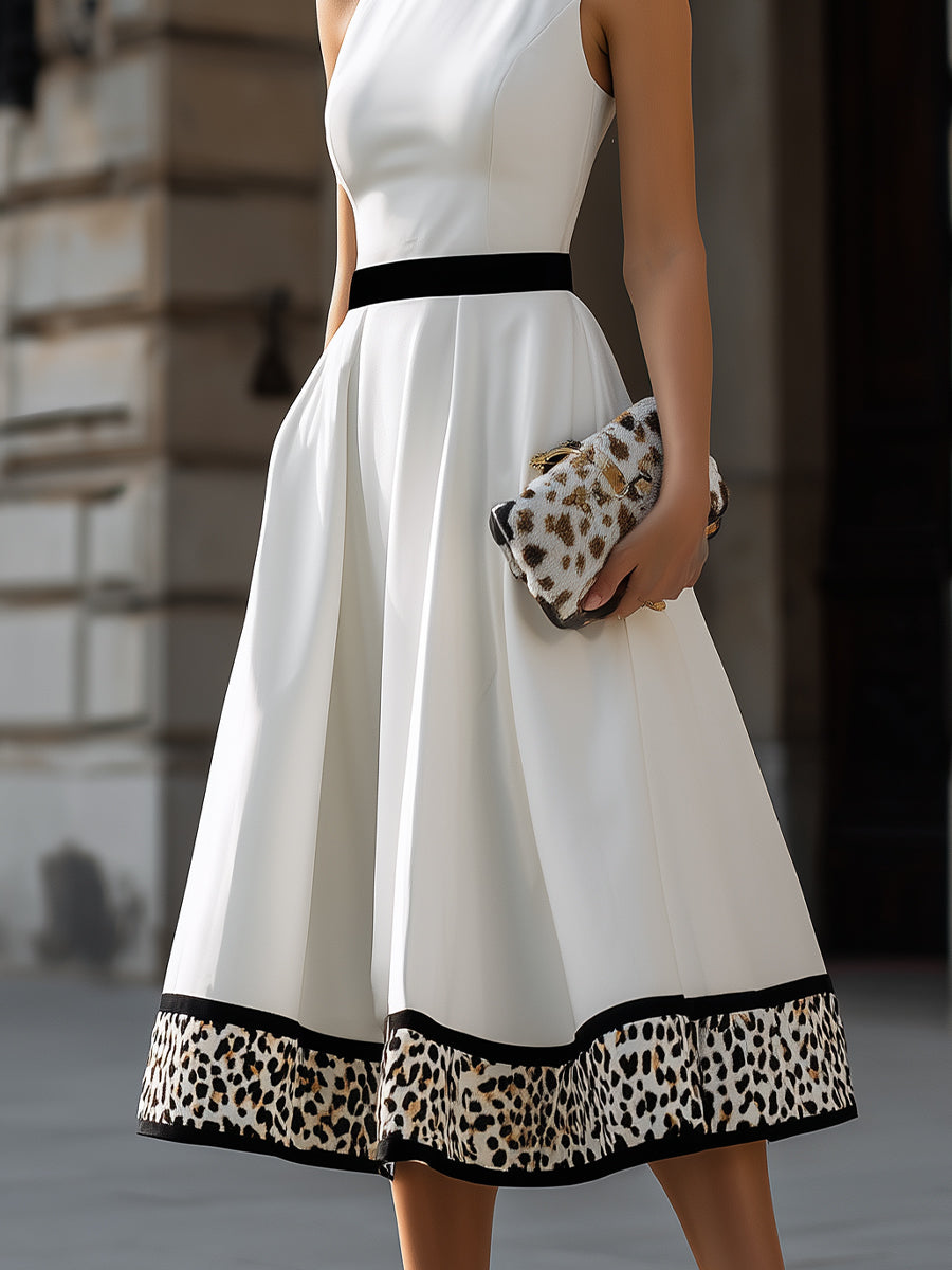 Rochie Midi în Linie A cu betelie contrastantă și dungă pete de leopard
