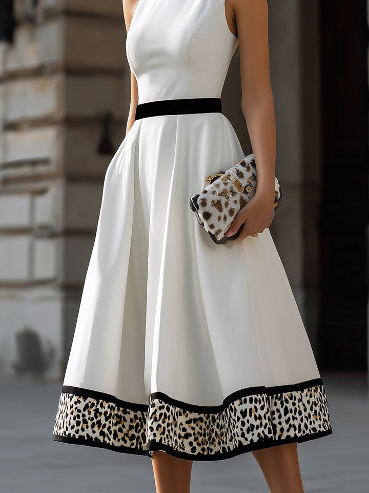 Rochie Midi în Linie A cu betelie contrastantă și dungă pete de leopard