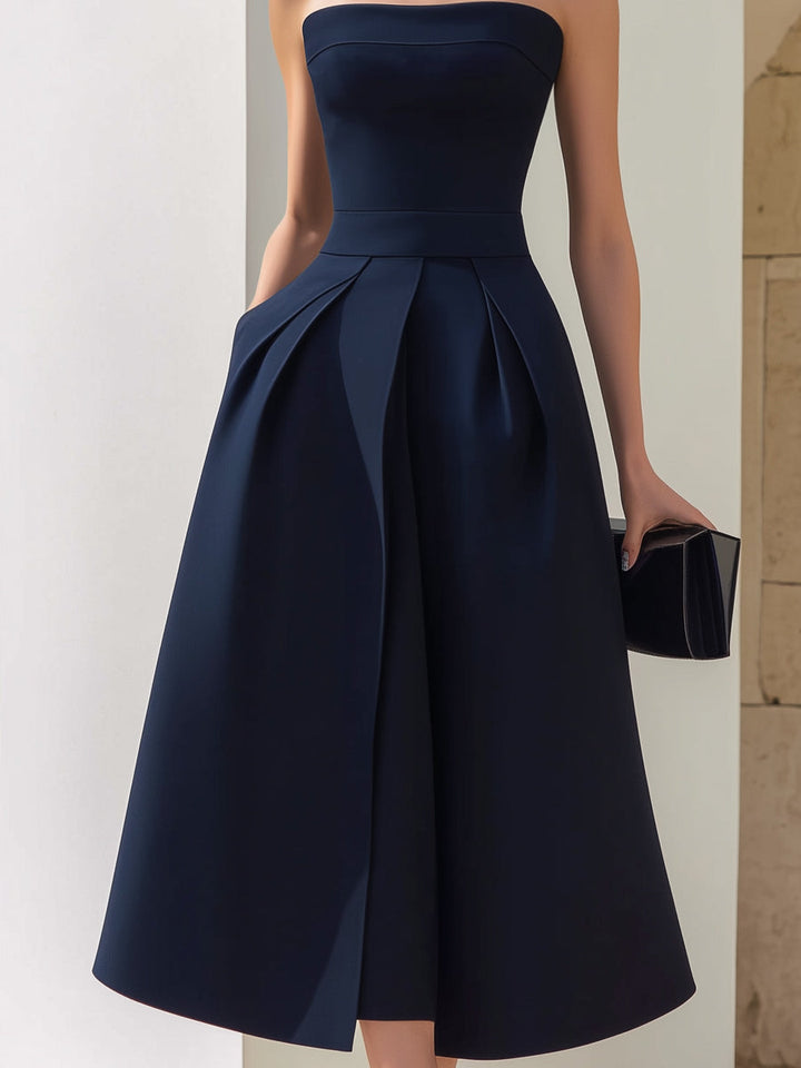 Rochie Midi fără Bretele în Stil A, cu Pliuri