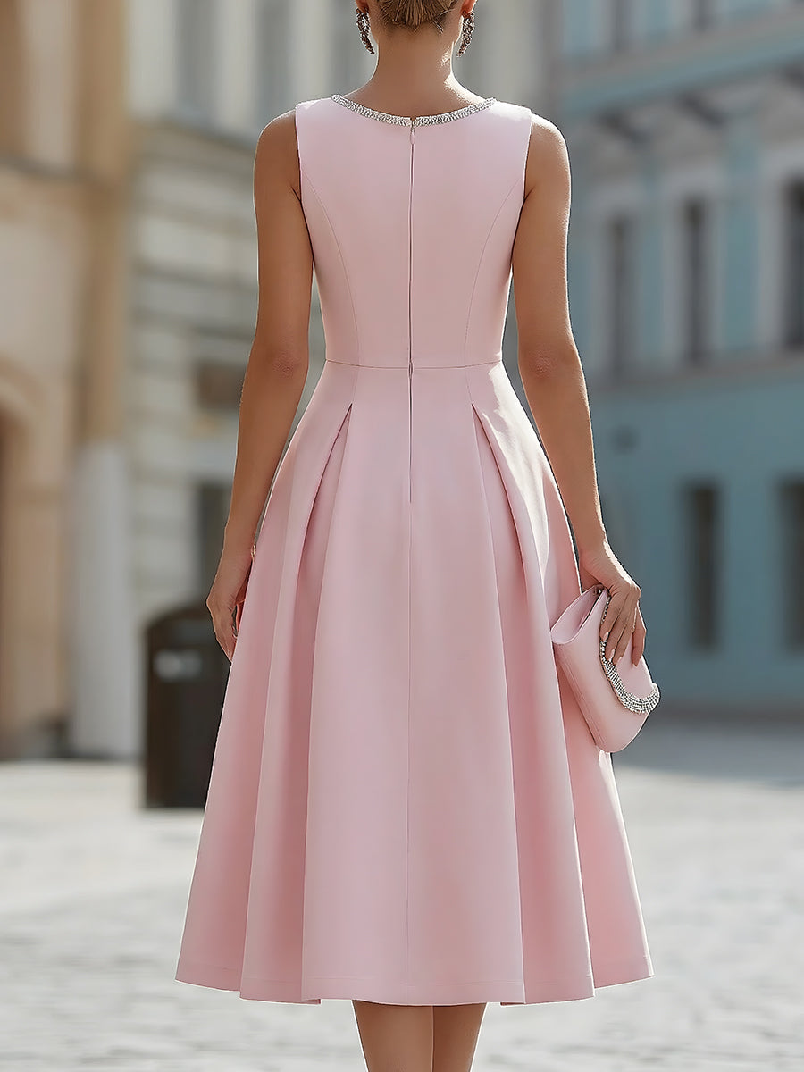 Rochie elegantă midi fără mâneci, cu decolteu decorat cu cristale, tip fit & flare