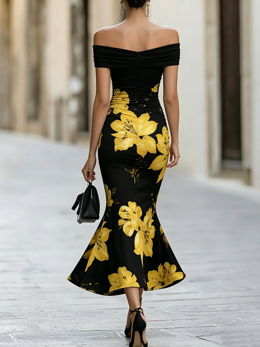 Rochie midi florală galbenă cu umeri goi