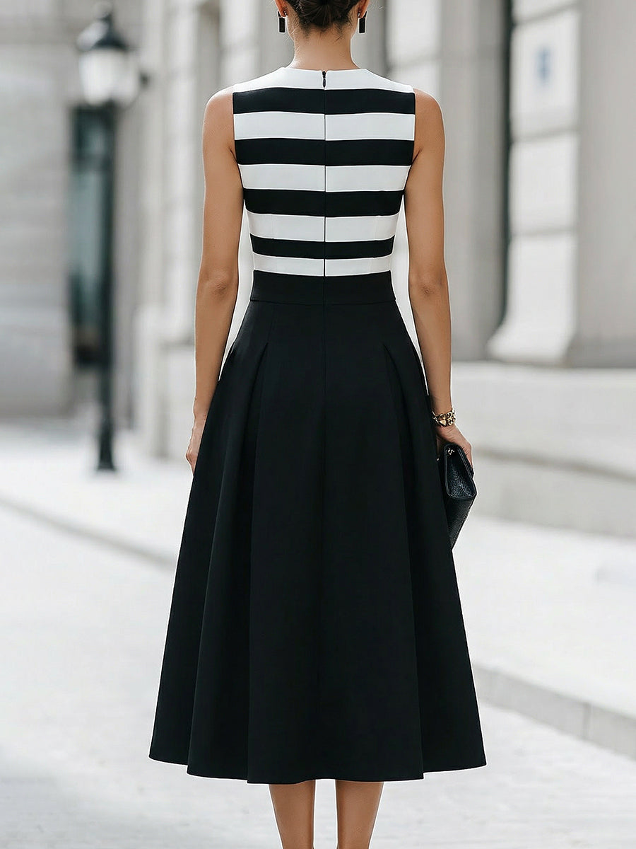 Rochie midi elegantă, în dungi, fără mâneci, cu buzunare