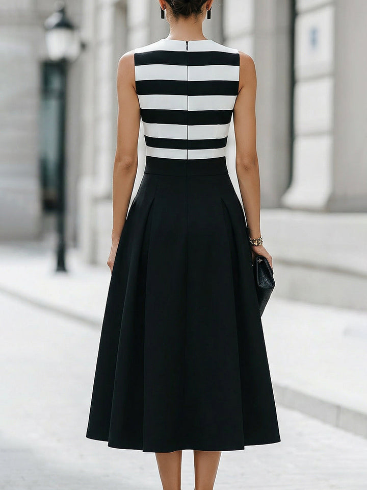 Rochie midi elegantă, în dungi, fără mâneci, cu buzunare