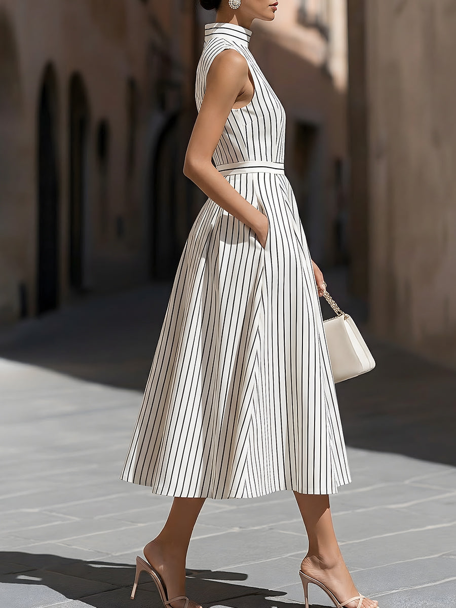 Rochie midi elegantă, fără mâneci, cu dungi și guler înalt
