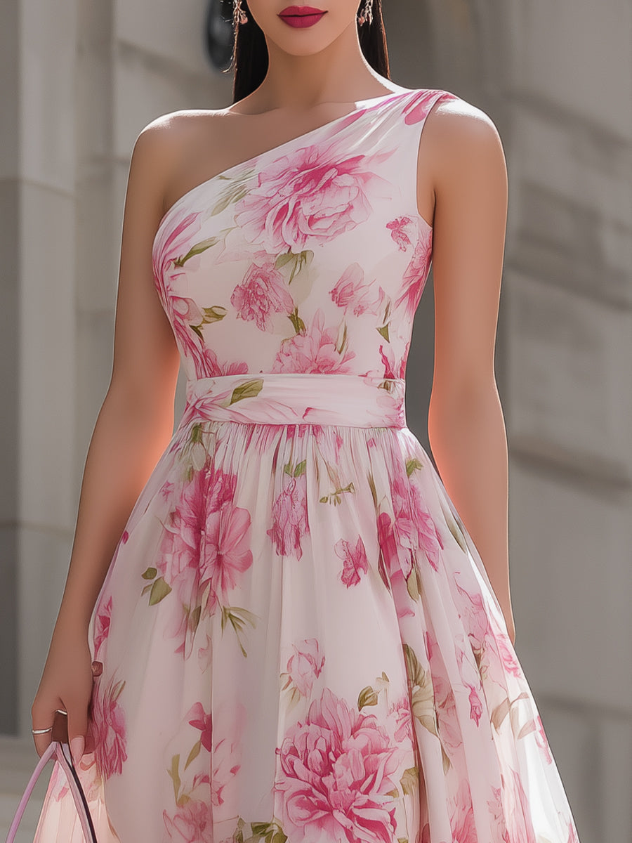 Rochie midi roz din șifon, cu un umăr, cu imprimeu floral
