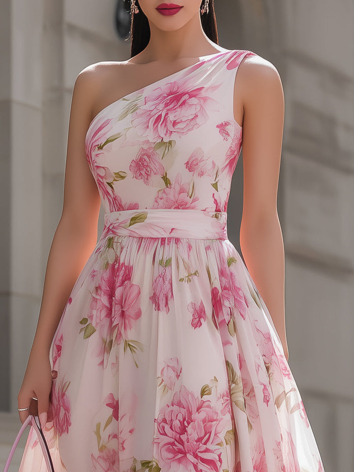 Rochie midi roz din șifon, cu un umăr, cu imprimeu floral