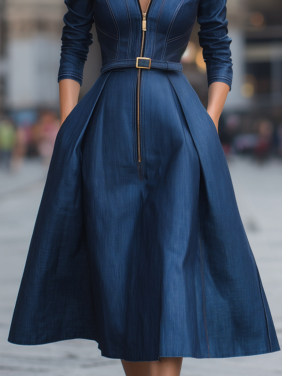 Rochie midi elegantă din denim cu fermoar și curea