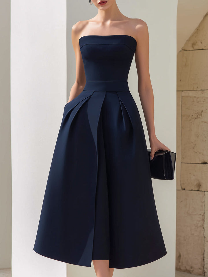 Rochie Midi fără Bretele în Stil A, cu Pliuri