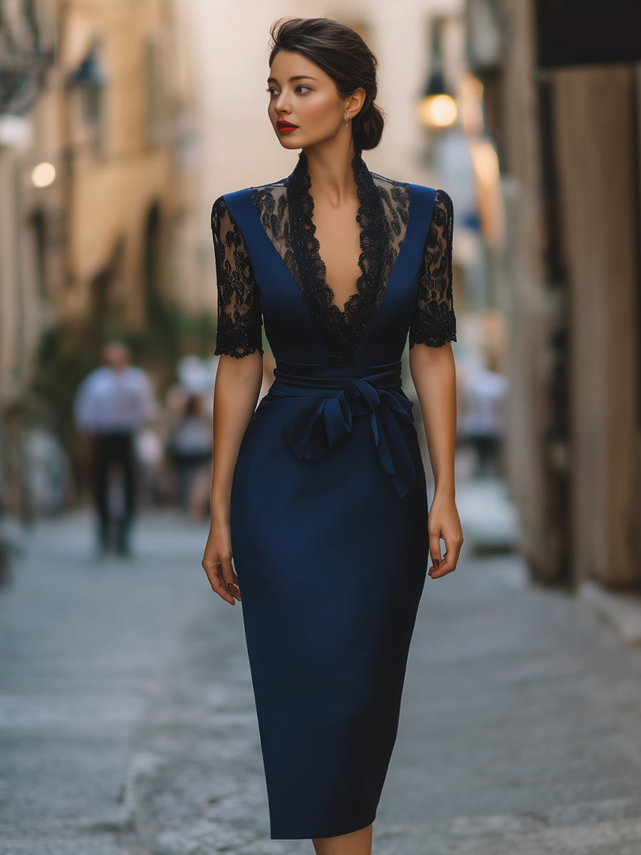 Rochie midi elegantă cu dantelă și curea