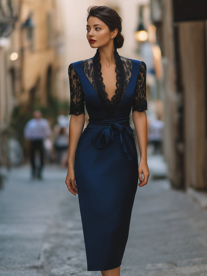 Rochie midi elegantă cu dantelă și curea