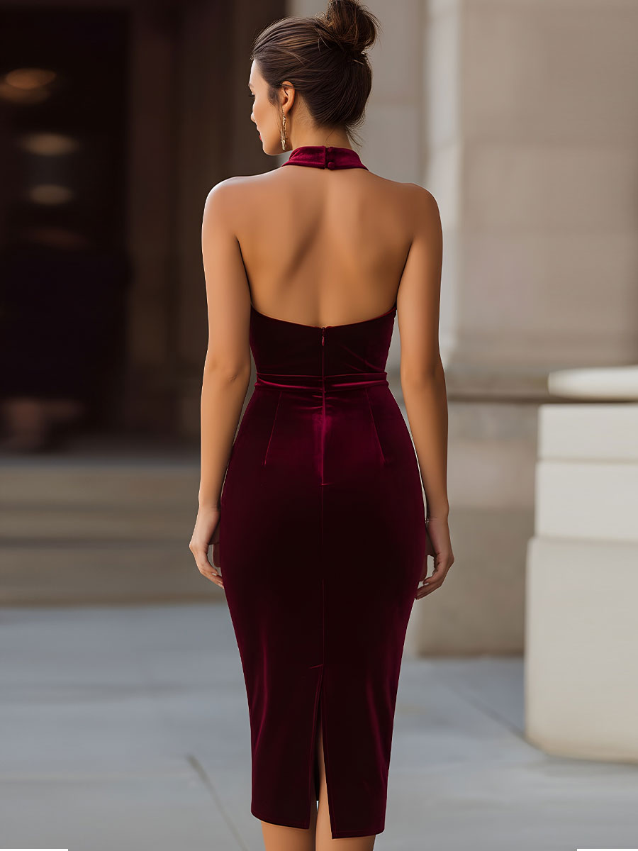Rochie midi bodycon din catifea de culoarea burgund intens