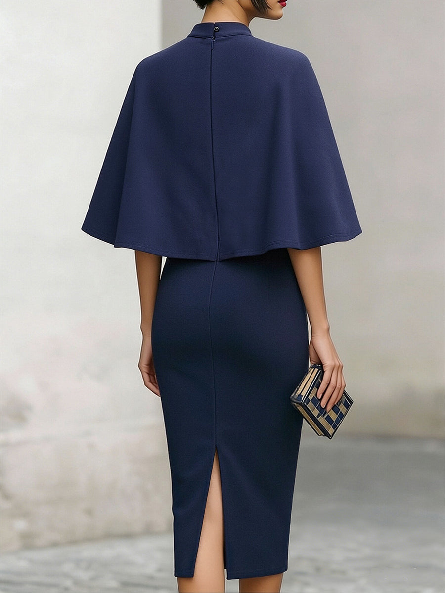 Rochie midi elegantă bleumarin, cu mâneci pelerină