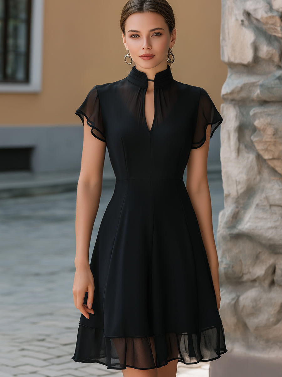 Rochie A-line cu guler mandarin din șifon și volane