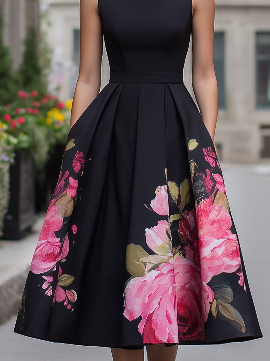 Rochie Midi Elegantă, Fără Mâneci, cu Imprimeu Floral pe Fustă