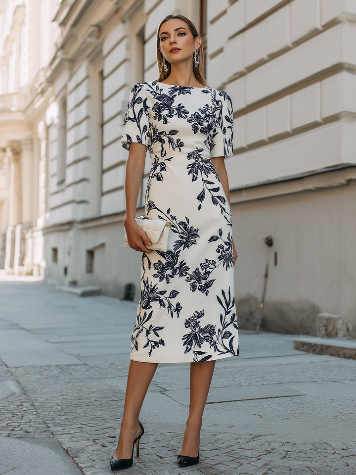 Rochie midi cu mâneci scurte și imprimeu botanic
