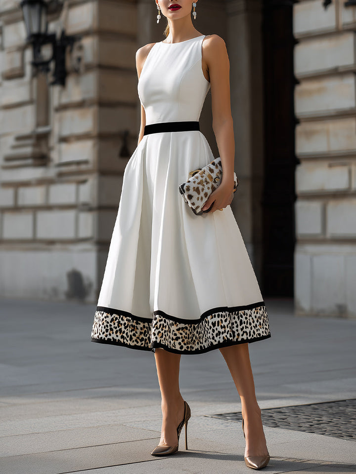Rochie Midi în Linie A cu betelie contrastantă și dungă pete de leopard